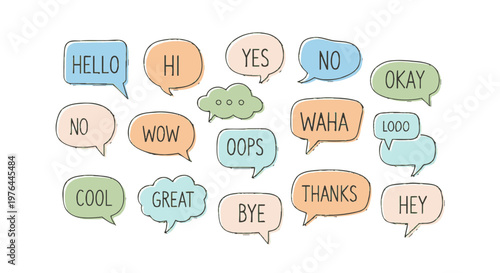 Colorful speech bubbles with various expressions.