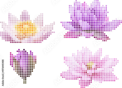 Pixelated lily dot art with vibrant floral patterns for digital projects. Vector png collage isolated on transparent