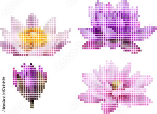 Pixelated lily flowers in various shades for digital art and design. Vector png collage isolated on transparent