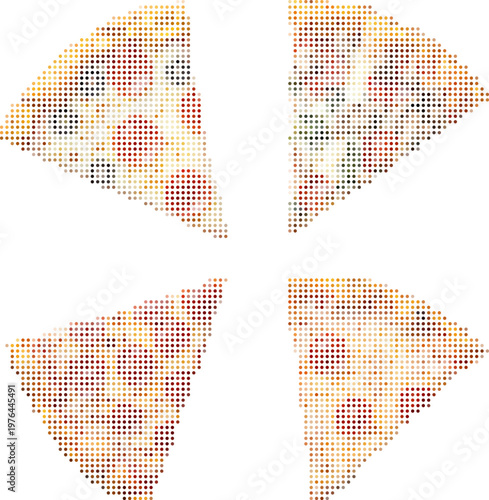Modern pixelated pizza slice design for culinary art projects. Vector png collage isolated on transparent