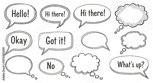 Collection of speech bubbles with various phrases.