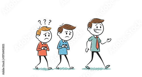 Confused businessmen following a leader.