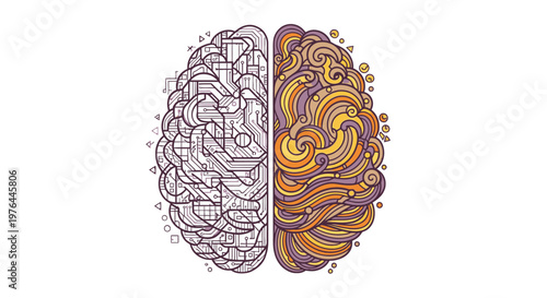 Illustration of human brain with contrasting hemispheres.