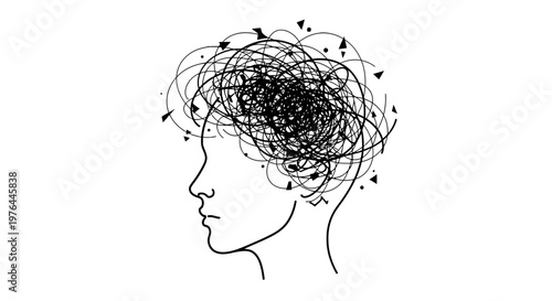 A minimalist line drawing of a person's head with scribbled thoughts.