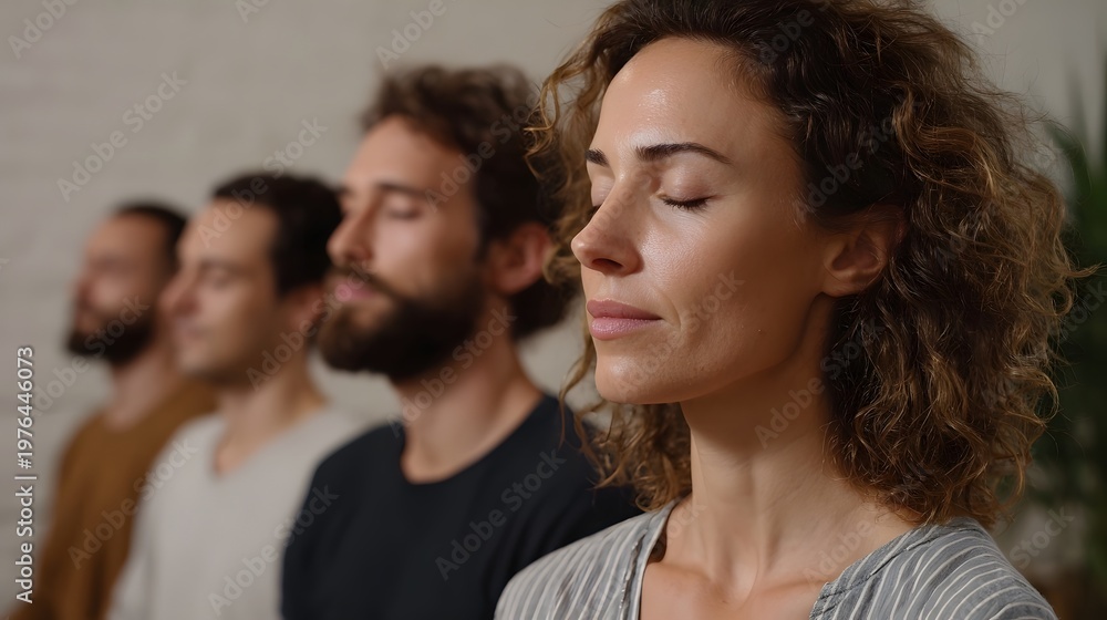 Obraz premium A side profile view of a woman meditating with a supportive group of men behind her in a modern well lit indoor setting