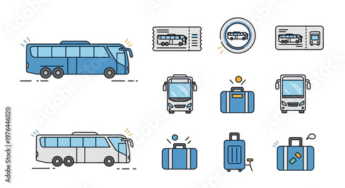 Blue Bus and Luggage Icons Set.