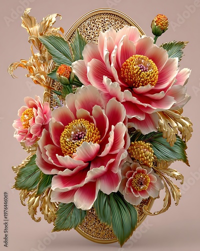 Luxury pink peony with golden frame high resolution picture