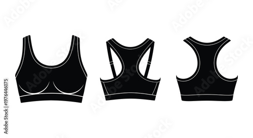 Three black sports bra designs shown in a clean silhouette
