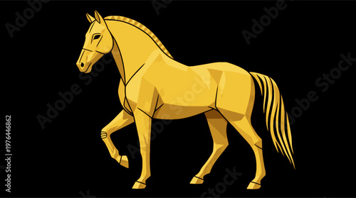 Golden horse vector. Luxury animal art. Elegant vector illustration of a golden horse in motion on a black background. Sophisticated animal design for luxury interior decor and wall art.