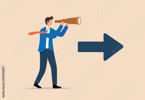 Business direction with leadership visionary, business goal and achievement or looking for solution and smart businessman leader using telescope look for the way forward strategy