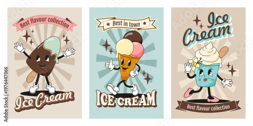 A set of posters featuring cute vintage mascots as ice cream characters. Retro design of the 60-70s.