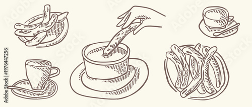 Churros with hot chocolate hand drawn illustration 