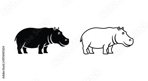 Hippo Silhouettes Black and White Animal Icons Vector