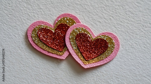 Two layered heart shapes made of pink paper with gold and red glitter accents on white surface
