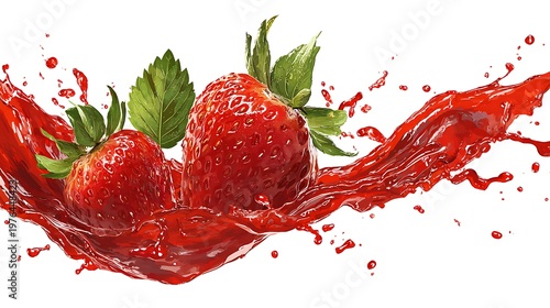 Two ripe red strawberries with green leaves splashing into a wave of fresh red fruit juice