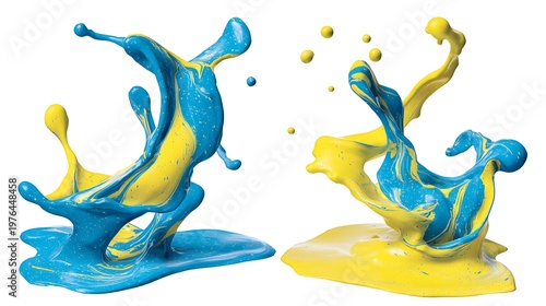 Two separate splashes of blue and yellow liquid paint isolated on a clean white studio