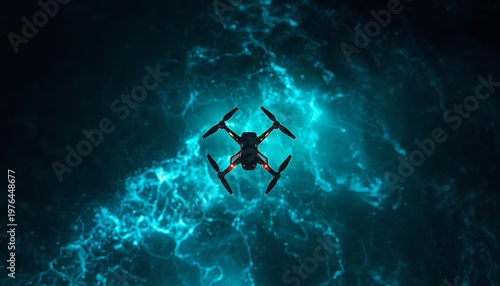A drone flies over a glowing blue underwater landscape with dark surroundings