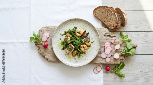 an overhead angle highlights the minimalist plate of foraged sea lettuce and seafood on driftwood, with artisan bread slices and vibrant radishes creatively arranged