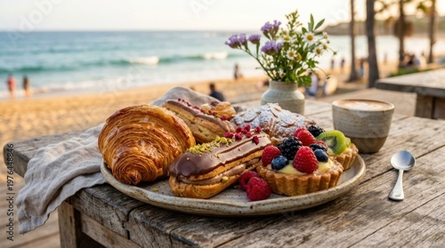 a close-up detail of a beautifully arranged platter of colorful pastries on a rustic wooden table, highlighting the textures and glistening surfaces of croissants and
