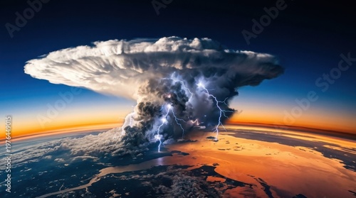 A towering cumulonimbus thunderstorm cell photographed from above by a high-altitude aircraft, the anvil-shaped cloud crown spreading hundreds of kilometers across a