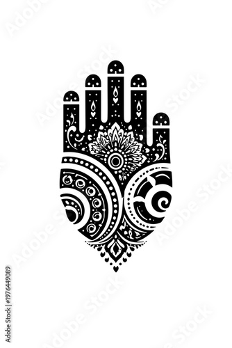 The hand of hamsa in an intricate mandala style, black and white, a spiritual amulet and symbol