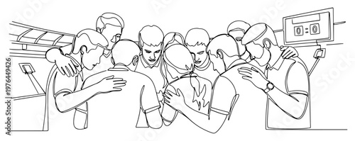 Continuous line drawing of a sports team huddle hugging together for motivation