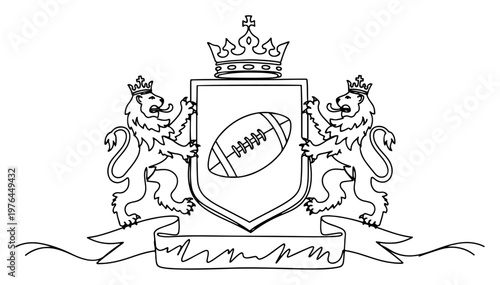 Heraldic crest with lions holding a shield featuring an American football ball
