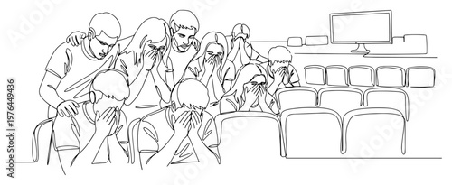 Sports fans looking disappointed and crying in a stadium after a loss