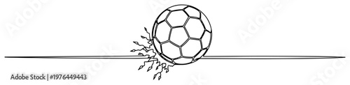 Single line drawing of a football ball breaking through a horizontal line representing power and action