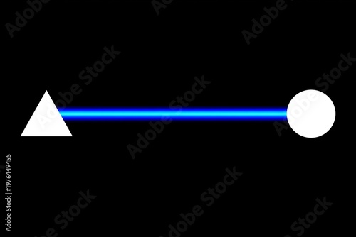 Geometric shapes linked by luminous blue beam on black background