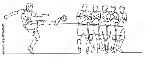 Continuous line art of a soccer player taking a free kick against a defensive wall of players