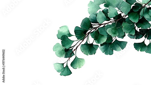 Watercolor branch with many green ginkgo biloba leaves isolated on a plain white background