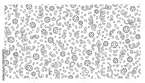 Festive pattern background with small soccer balls confetti and celebratory streamers