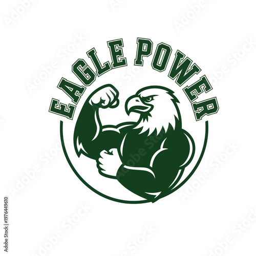 A powerful eagle flexing its muscles is depicted in a circular design with the text 'Eagle Power' written in green