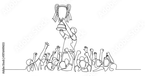 Continuous line art illustration of a winning soccer player lifting a trophy cup surrounded by cheering fans