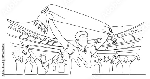 Soccer supporter holding a scarf and cheering at the stadium in continuous line art