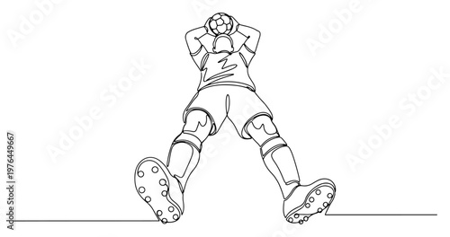 Action perspective of a soccer player jumping with a ball in continuous line drawing