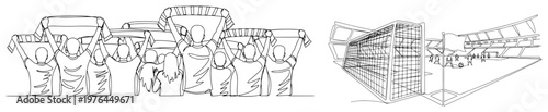 Soccer fans with scarves and a goal post on a field stadium continuous line art