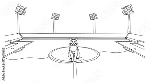 Continuous line drawing of a cat sitting on the center circle of a soccer pitch under stadium floodlights