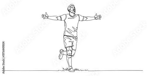 Continuous one line drawing of a professional soccer player celebrating with open arms after scoring