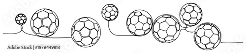 Abstract continuous line pattern featuring multiple soccer balls in various sizes and angles