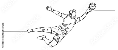 Dynamic continuous one line drawing of a soccer goalkeeper diving through the air to save a ball