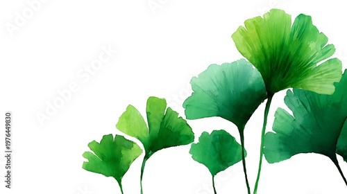 Watercolor painting of vibrant green ginkgo biloba leaves isolated on a plain white background