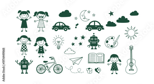 Collection of hand drawn kids doodles featuring cute girls, cars, robots, stars and school icons