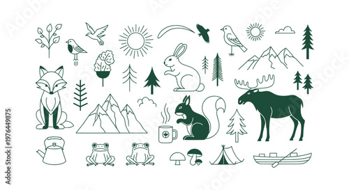 Minimalist Green Outdoor Adventure and Wildlife Vector Icon Set with Animals Forest and Camping