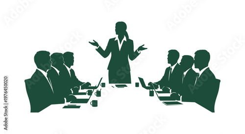 Silhouette of Business Woman Leading a Presentation and Meeting with Professional Team in Boardroom