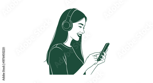 Smiling young woman with headphones using a smartphone, minimalist green line art illustration vector