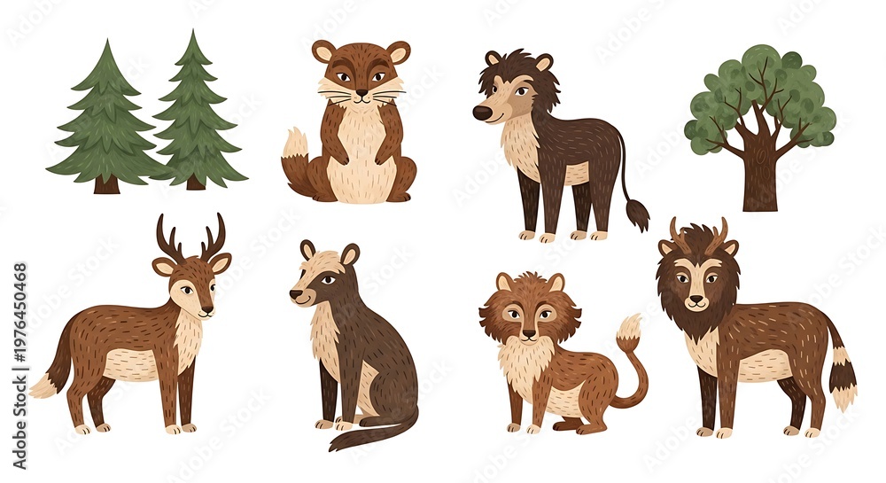 Fototapeta premium A group of adorable forest animals and trees in a vector graphic illustration