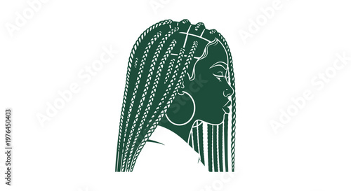Profile silhouette of a black woman with long braided hair and hoop earrings in green vector art.