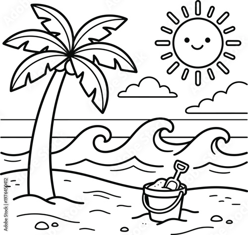 Kids coloring worksheet cute beach scene with palm tree, sun, and sand bucket vector